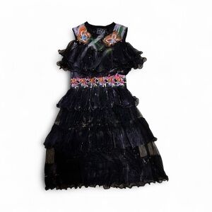 Black Ruffled Dress with Floral Accents